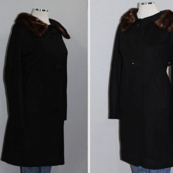 Fur Collar Black Wool Trench Coat - Picture 13 of 15